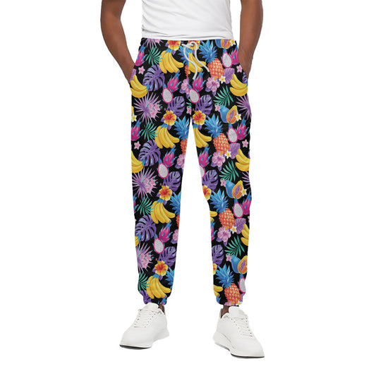Tropical Palm And Hawaiian Fruits Print Cotton Pants