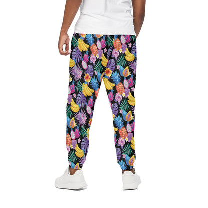 Tropical Palm And Hawaiian Fruits Print Cotton Pants
