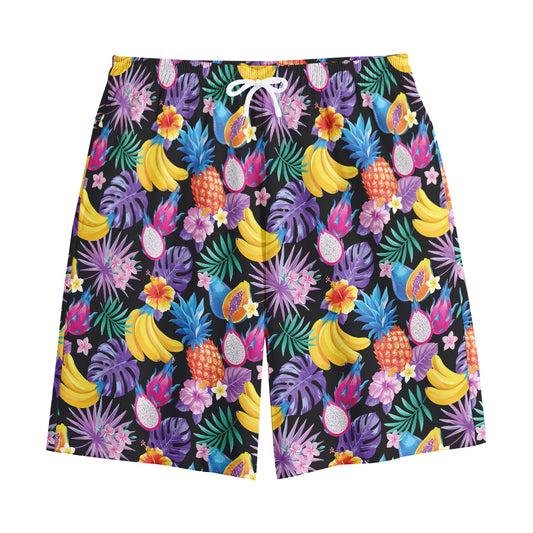 Tropical Palm And Hawaiian Fruits Print Cotton Shorts