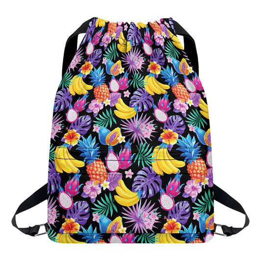 Tropical Palm And Hawaiian Fruits Print Drawstring Backpack
