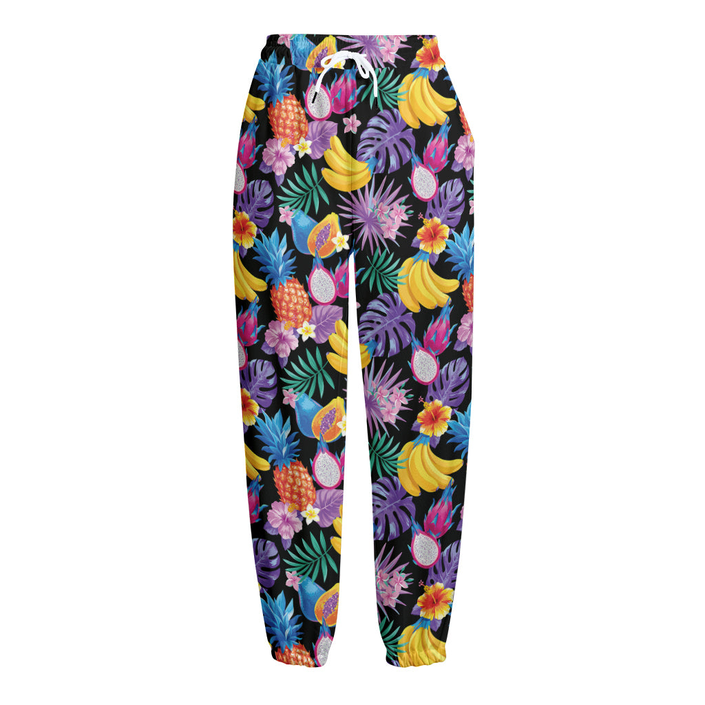 Tropical Palm And Hawaiian Fruits Print Fleece Lined Knit Pants