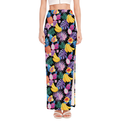 Tropical Palm And Hawaiian Fruits Print High Slit Maxi Skirt