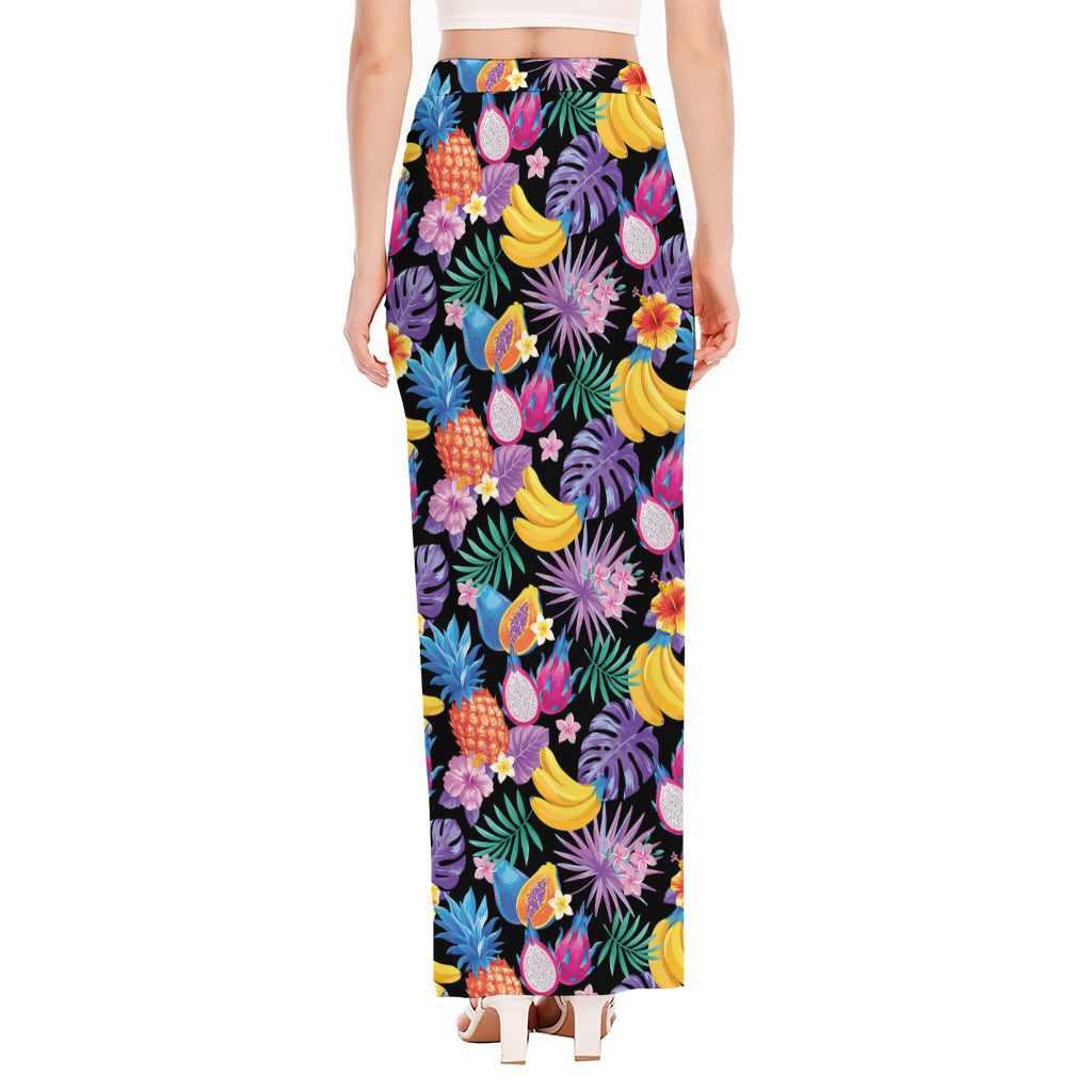 Tropical Palm And Hawaiian Fruits Print High Slit Maxi Skirt