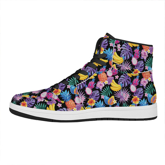 Tropical Palm And Hawaiian Fruits Print High Top Leather Sneakers