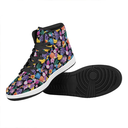 Tropical Palm And Hawaiian Fruits Print High Top Leather Sneakers