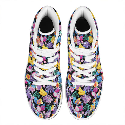 Tropical Palm And Hawaiian Fruits Print High Top Leather Sneakers