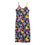 Tropical Palm And Hawaiian Fruits Print Jersey Midi Cami Dress