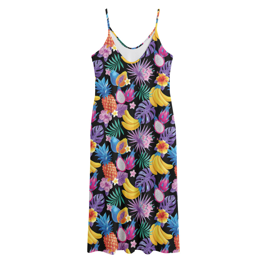 Tropical Palm And Hawaiian Fruits Print Jersey Midi Cami Dress