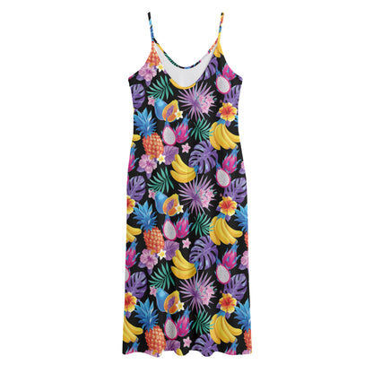 Tropical Palm And Hawaiian Fruits Print Jersey Midi Cami Dress