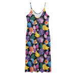 Tropical Palm And Hawaiian Fruits Print Jersey Midi Cami Dress