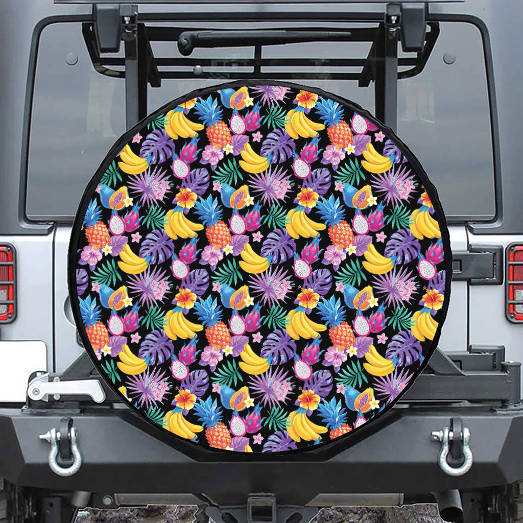 Tropical Palm And Hawaiian Fruits Print Leather Spare Tire Cover