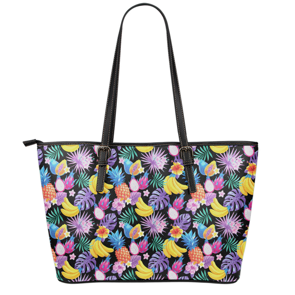 Tropical Palm And Hawaiian Fruits Print Leather Tote Bag