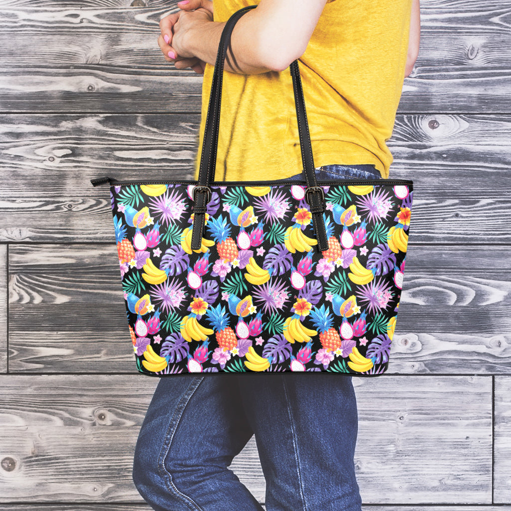 Tropical Palm And Hawaiian Fruits Print Leather Tote Bag
