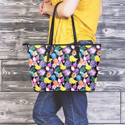 Tropical Palm And Hawaiian Fruits Print Leather Tote Bag