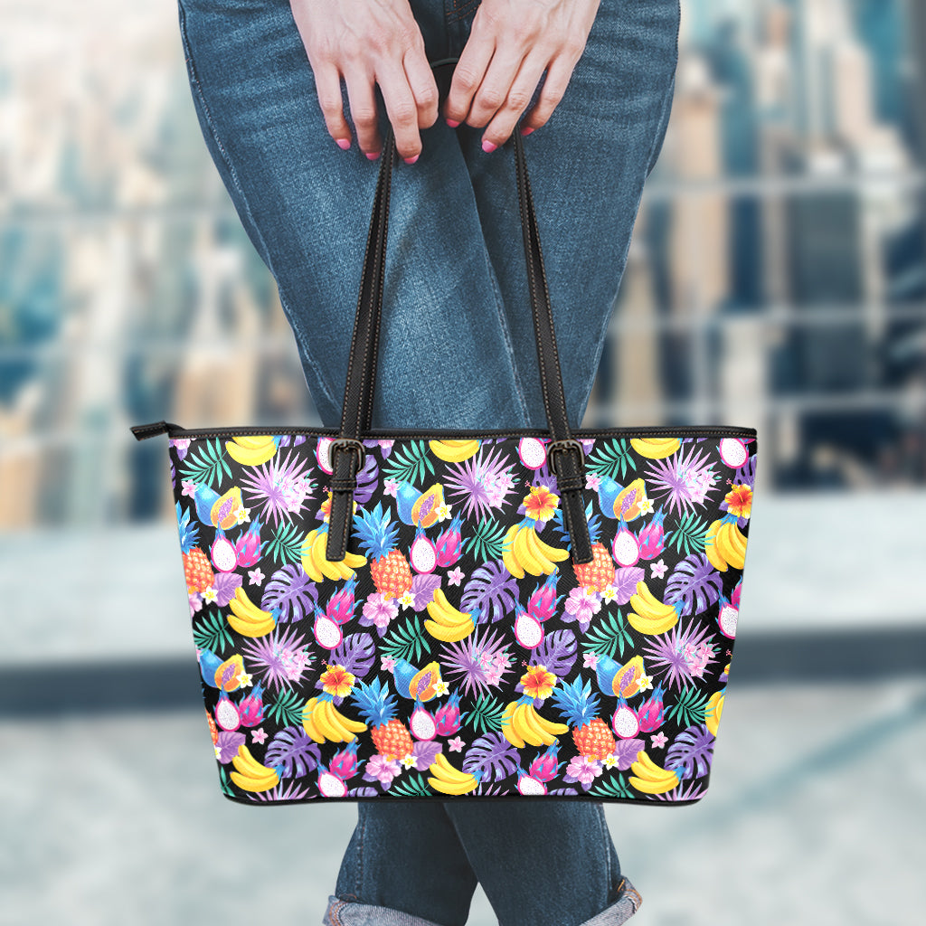 Tropical Palm And Hawaiian Fruits Print Leather Tote Bag