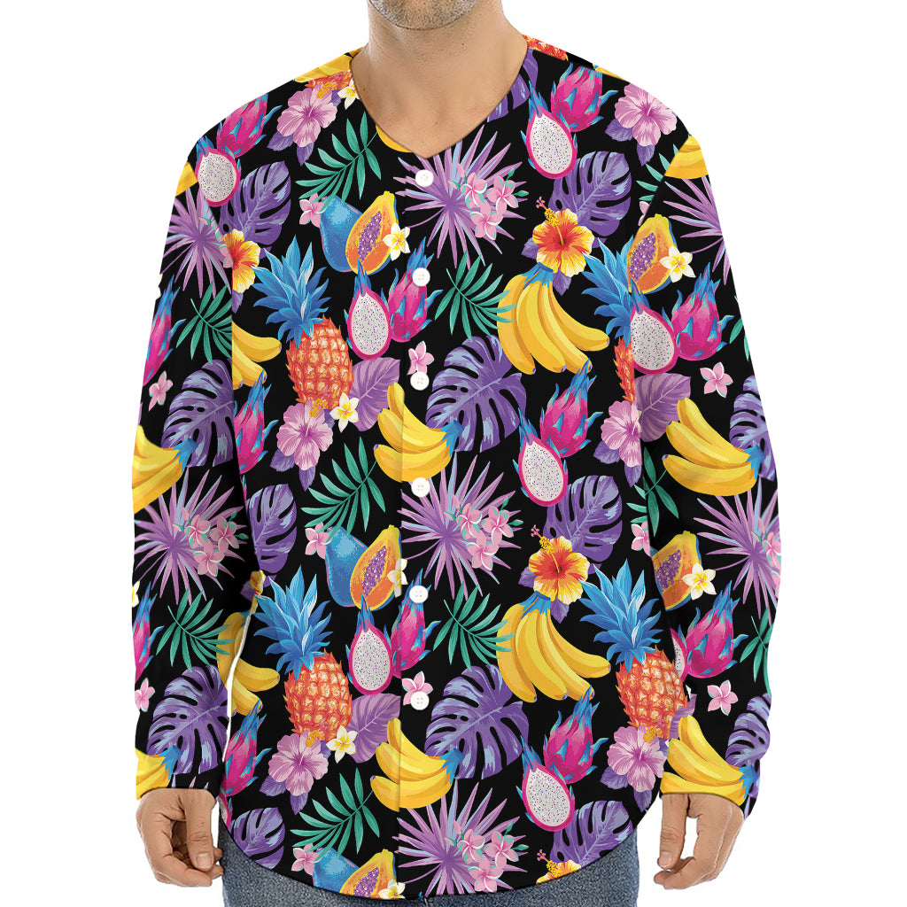 Tropical Palm And Hawaiian Fruits Print Long Sleeve Baseball Jersey