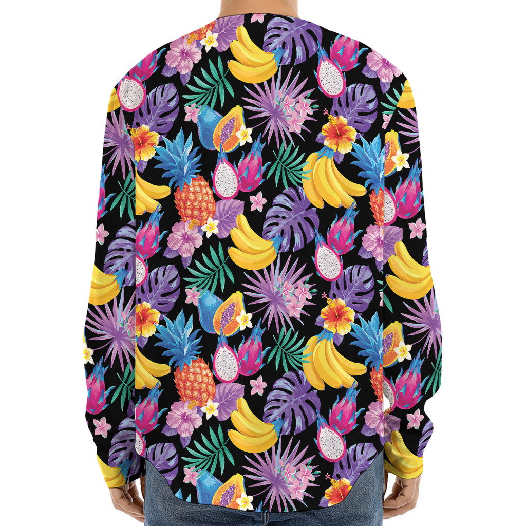 Tropical Palm And Hawaiian Fruits Print Long Sleeve Baseball Jersey