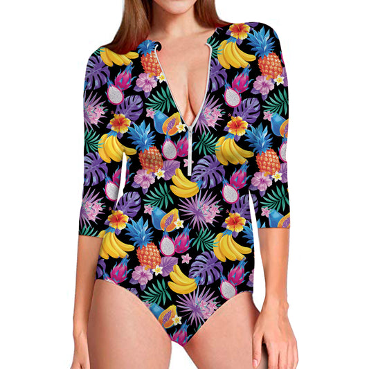 Tropical Palm And Hawaiian Fruits Print Long Sleeve Swimsuit