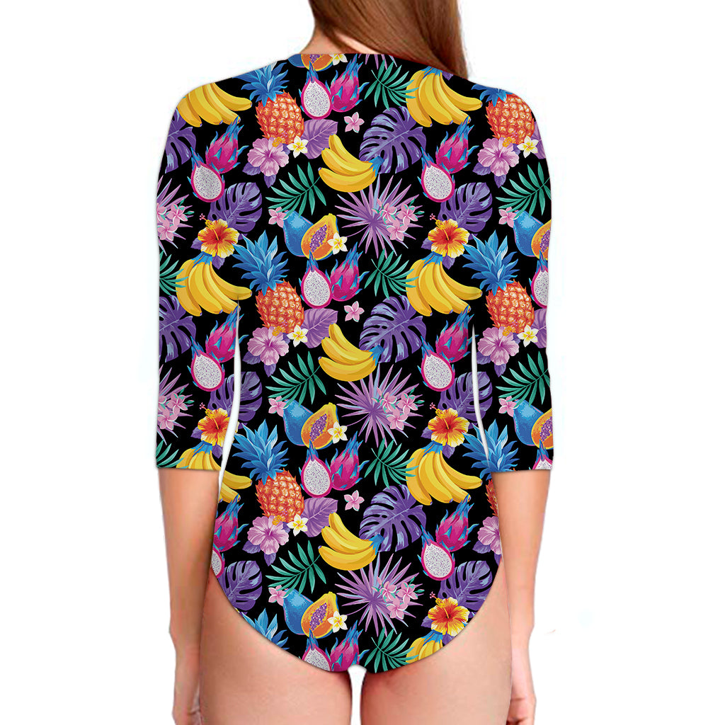 Tropical Palm And Hawaiian Fruits Print Long Sleeve Swimsuit