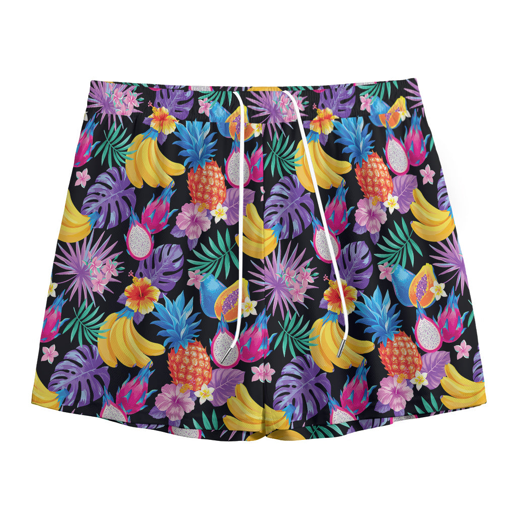 Tropical Palm And Hawaiian Fruits Print Mesh Shorts