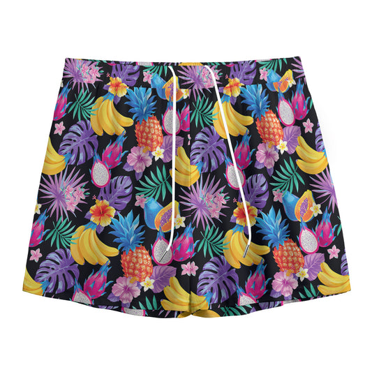 Tropical Palm And Hawaiian Fruits Print Mesh Shorts