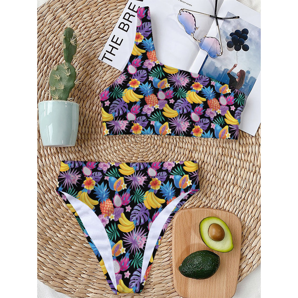 Tropical Palm And Hawaiian Fruits Print One Shoulder Bikini Top