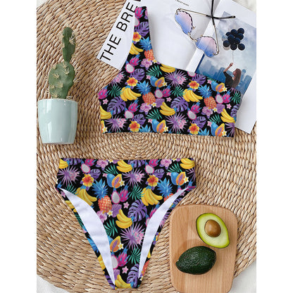 Tropical Palm And Hawaiian Fruits Print One Shoulder Bikini Top