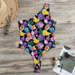 Tropical Palm And Hawaiian Fruits Print One Shoulder Bodysuit