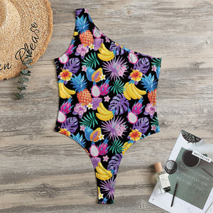 Tropical Palm And Hawaiian Fruits Print One Shoulder Bodysuit