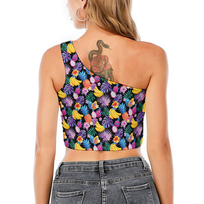Tropical Palm And Hawaiian Fruits Print One Shoulder Crop Top