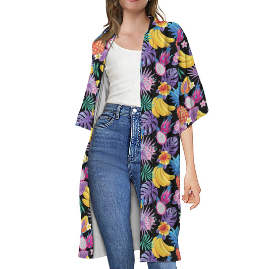 Tropical Palm And Hawaiian Fruits Print Open Front Beach Cover Up