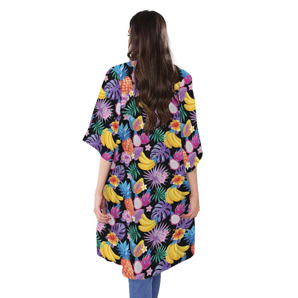 Tropical Palm And Hawaiian Fruits Print Open Front Beach Cover Up