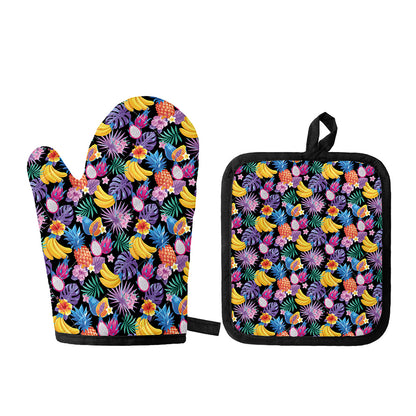 Tropical Palm And Hawaiian Fruits Print Oven Mitt And Pot Holder Set