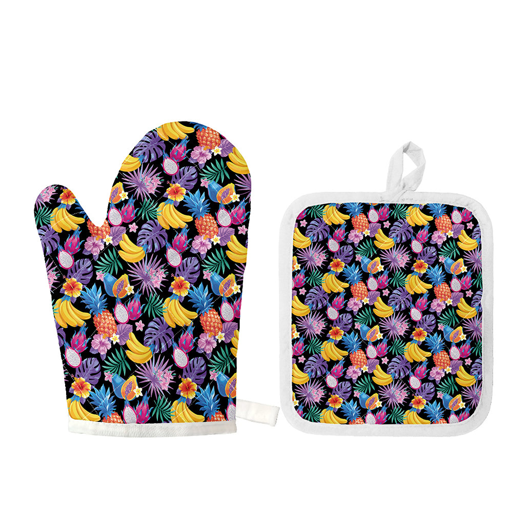 Tropical Palm And Hawaiian Fruits Print Oven Mitt And Pot Holder Set
