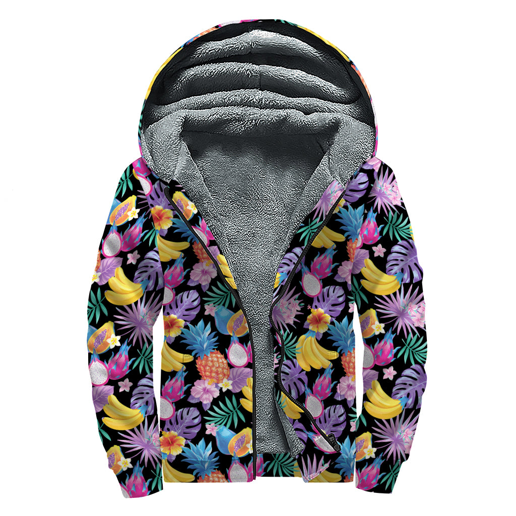 Tropical Palm And Hawaiian Fruits Print Sherpa Lined Zip Up Hoodie