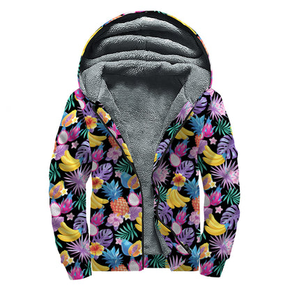Tropical Palm And Hawaiian Fruits Print Sherpa Lined Zip Up Hoodie