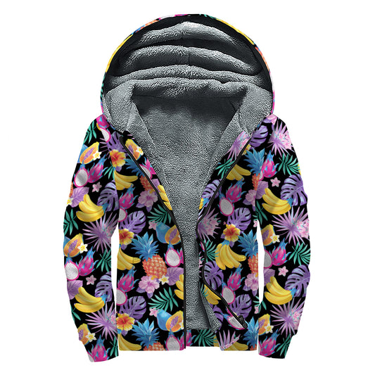 Tropical Palm And Hawaiian Fruits Print Sherpa Lined Zip Up Hoodie