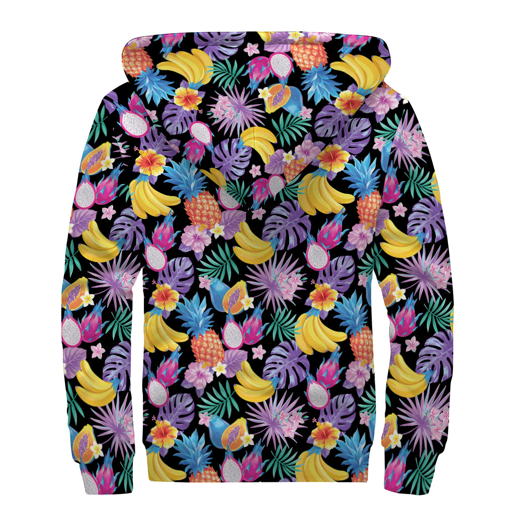 Tropical Palm And Hawaiian Fruits Print Sherpa Lined Zip Up Hoodie