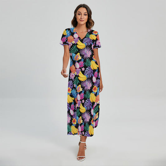 Tropical Palm And Hawaiian Fruits Print Short Sleeve Maxi Dress