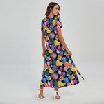 Tropical Palm And Hawaiian Fruits Print Short Sleeve Maxi Dress