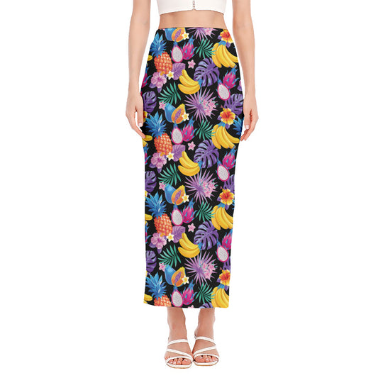 Tropical Palm And Hawaiian Fruits Print Side Slit Maxi Skirt