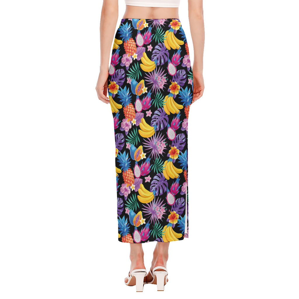 Tropical Palm And Hawaiian Fruits Print Side Slit Maxi Skirt
