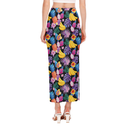 Tropical Palm And Hawaiian Fruits Print Side Slit Maxi Skirt