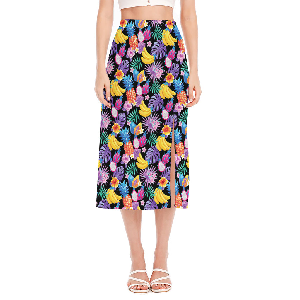 Tropical Palm And Hawaiian Fruits Print Side Slit Midi Skirt