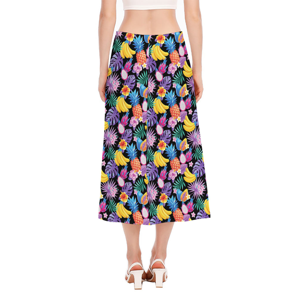 Tropical Palm And Hawaiian Fruits Print Side Slit Midi Skirt