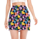 Tropical Palm And Hawaiian Fruits Print Side Slit Mini Skirt