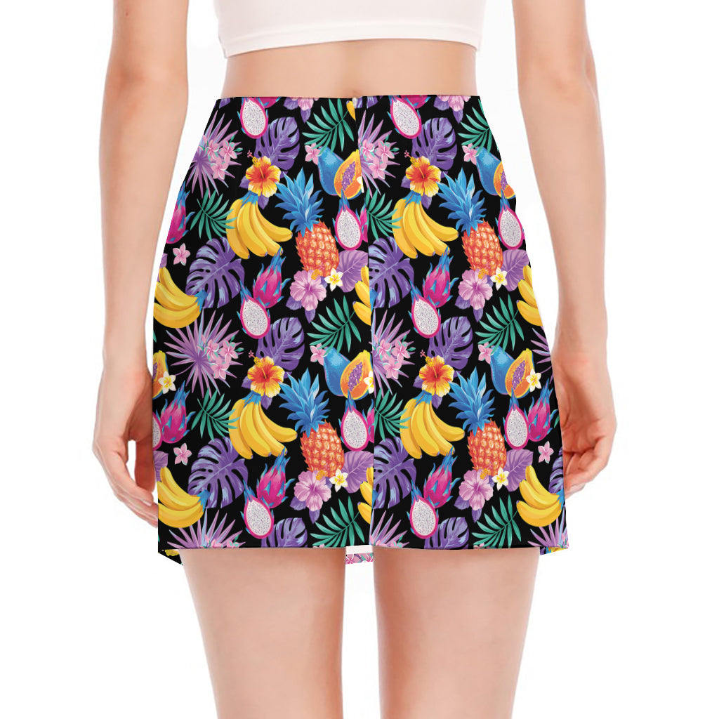 Tropical Palm And Hawaiian Fruits Print Side Slit Mini Skirt