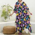 Tropical Palm And Hawaiian Fruits Print Silk V-Neck Kaftan Dress