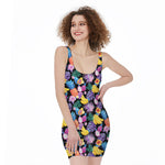 Tropical Palm And Hawaiian Fruits Print Sleeveless Bodycon Dress
