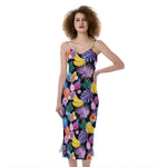 Tropical Palm And Hawaiian Fruits Print Slim Fit Midi Cami Dress